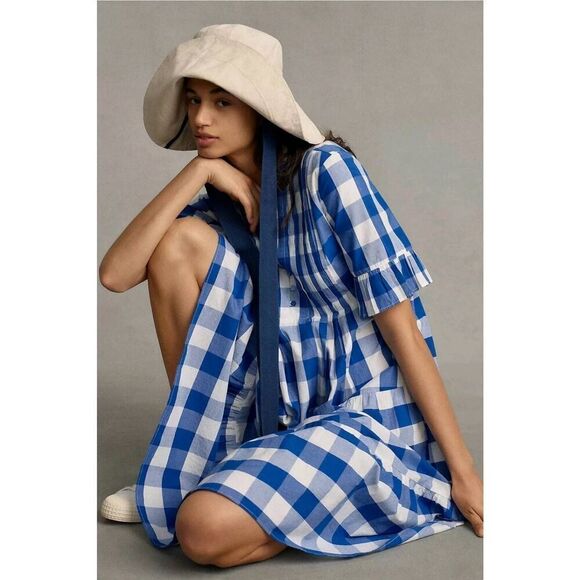 WHIT TWO $228 Anthropologie Gingham Tiered Midi Dress in Blue Motif, Size S - Picture 2 of 10